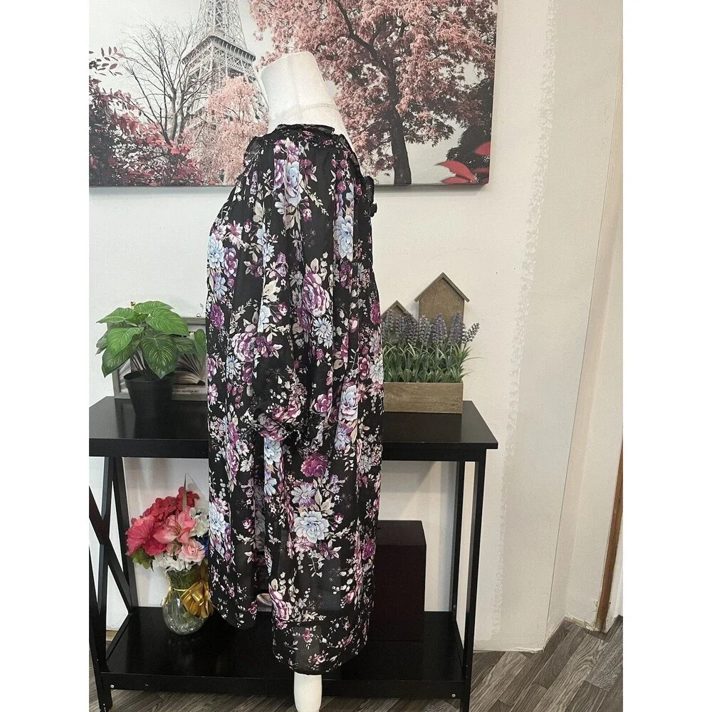 Woman Within Blouse 1X Floral Peasant Top Ruffle Neck Chiffon Boho Tunic sheer